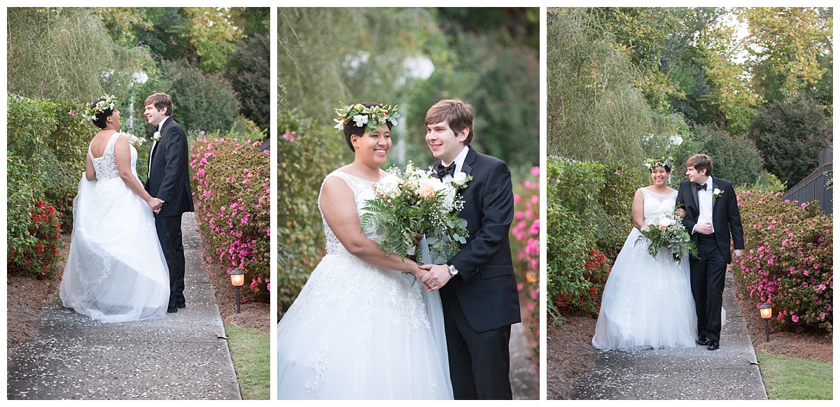 Bride and groom in walkway at Springdale House and Gardens