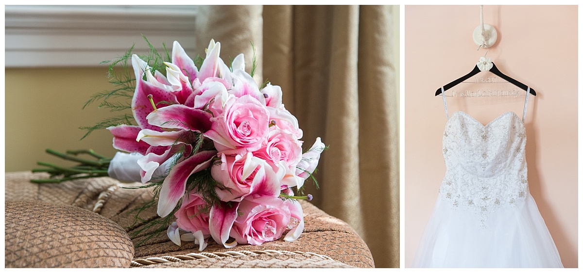 Pink flowers and wedding dress