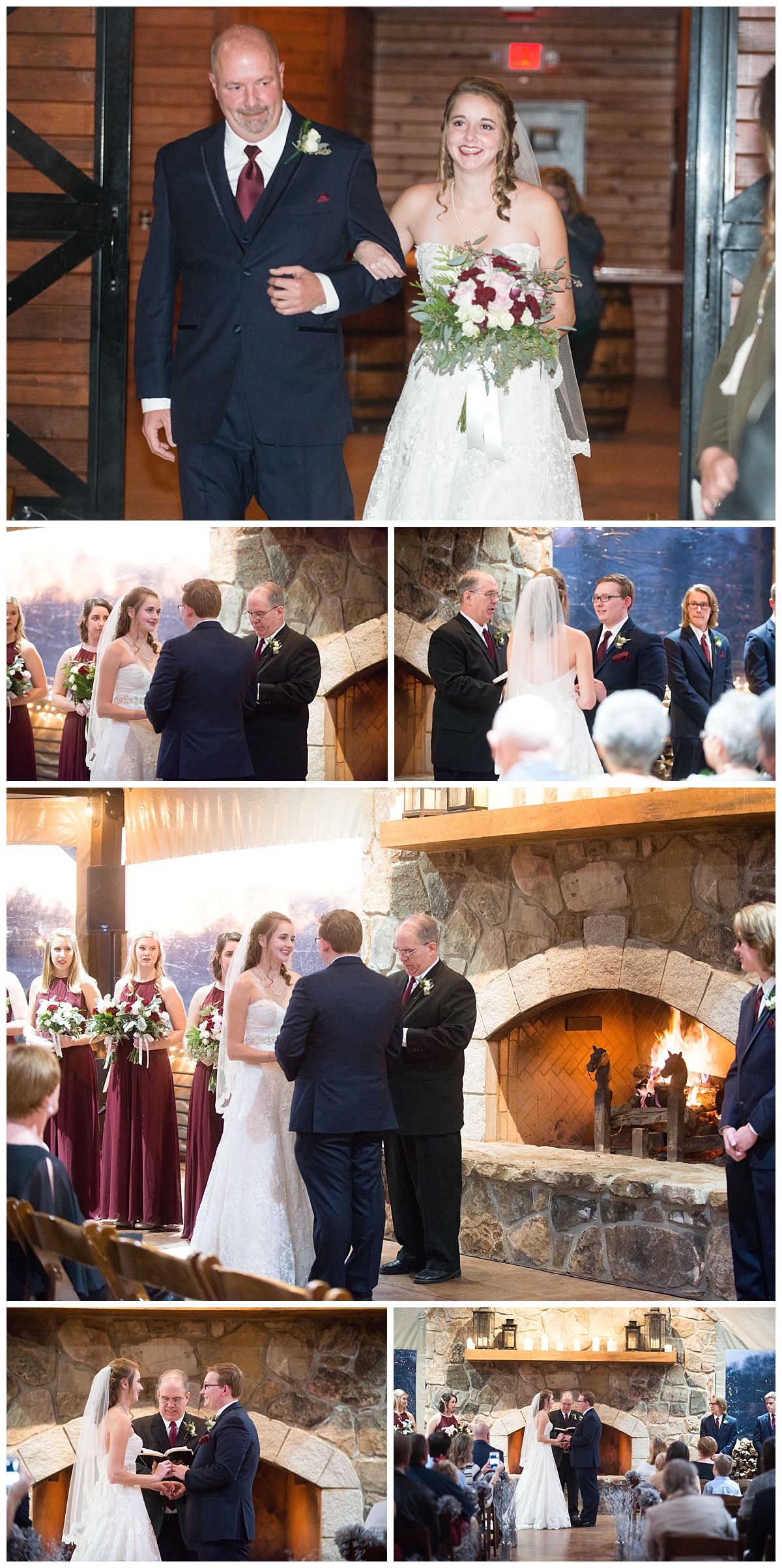 Winter sunset ceremony at Farm at Ridgeway by fireplace
